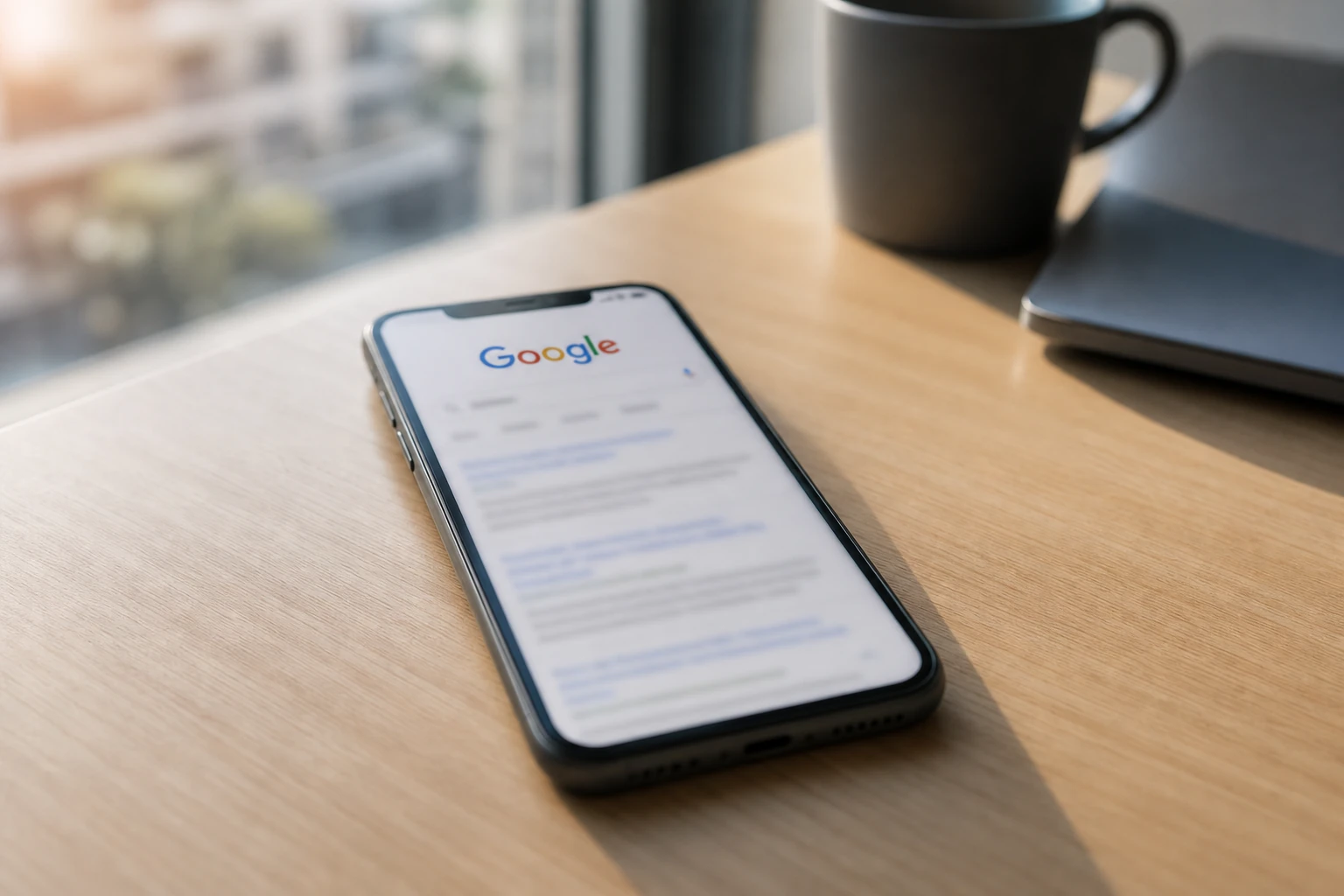 Page de résultats Google floutée sur un smartphone, logo Google reconnaissable, illustrant la fin des FAQ rich results en juin 2026