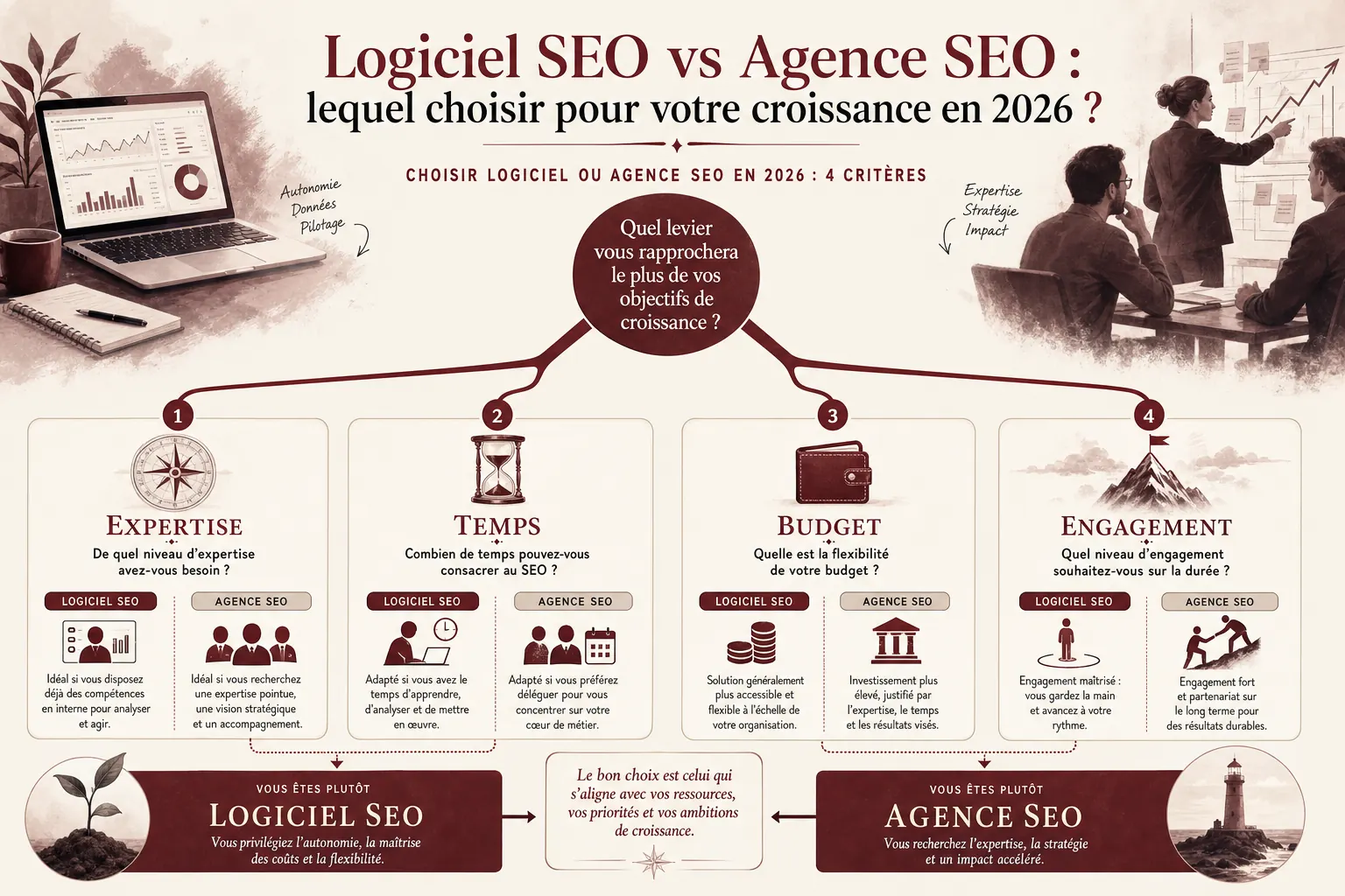 Infographie recapitulative : 5 criteres de decision logiciel SEO vs agence SEO
