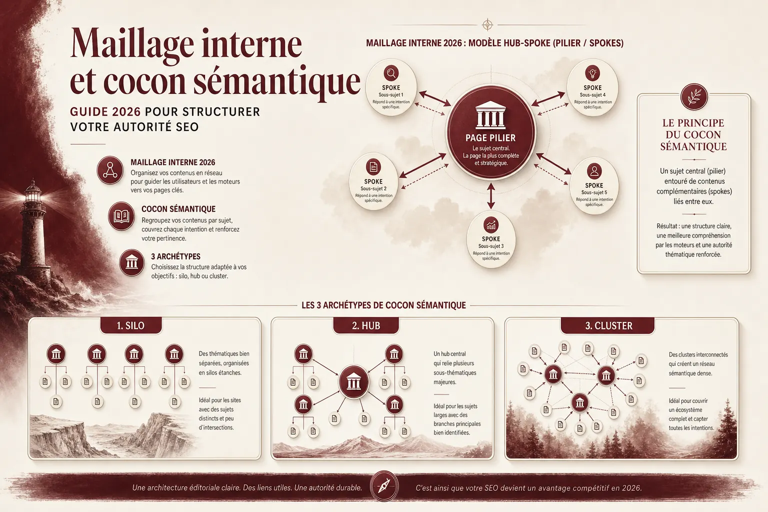 Schema hub-and-spoke du maillage interne et cocon semantique avec page pilier centrale et 6 articles satellites