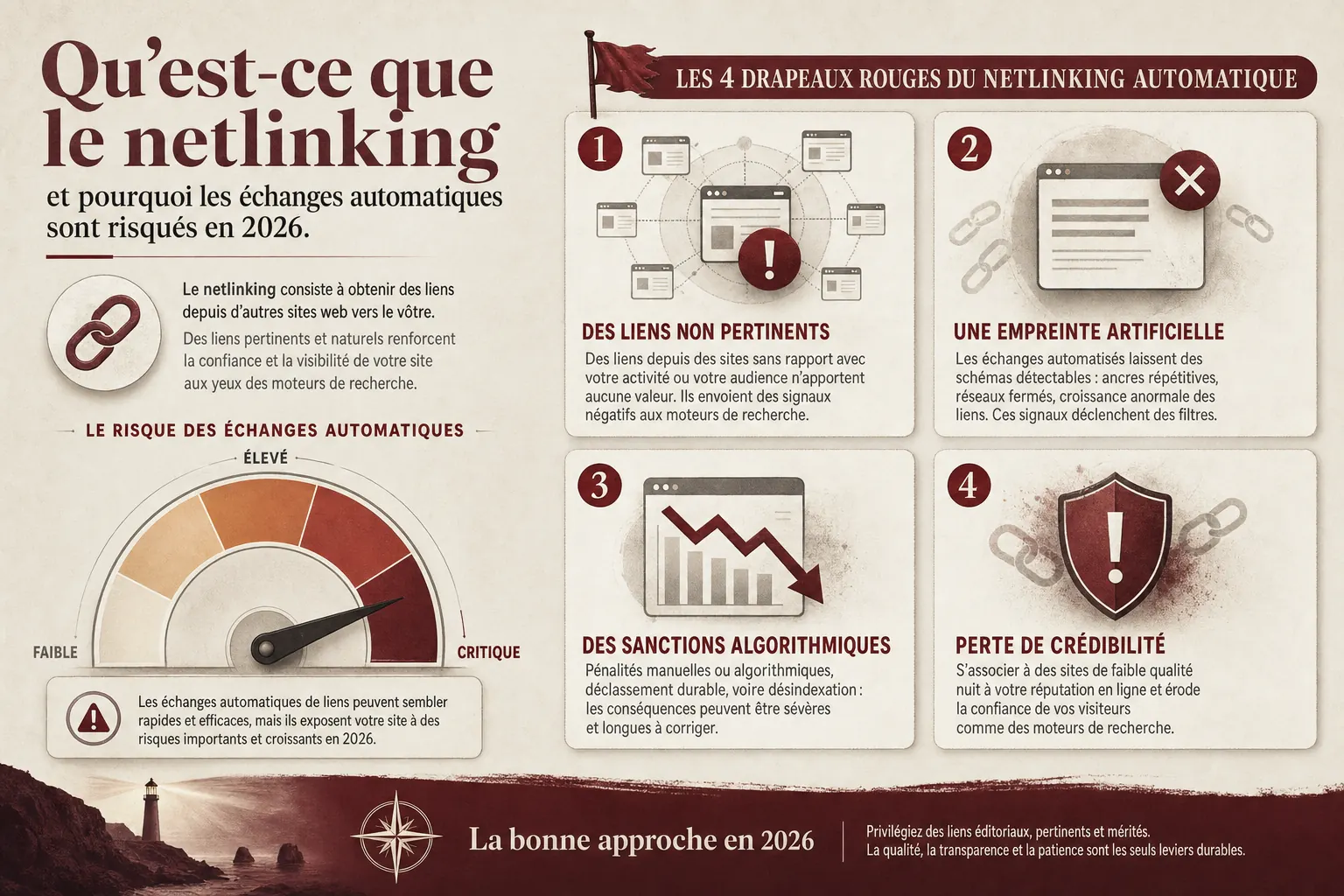 Infographie recapitulative : echanges automatiques a eviter vs methodes de netlinking propres a privilegier en 2026