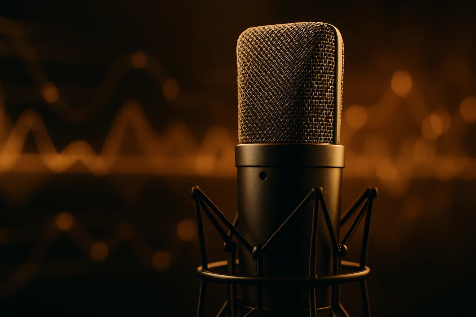 Microphone professionnel avec interface de code API en arrière-plan flou, lumière chaude , voix IA et SEO