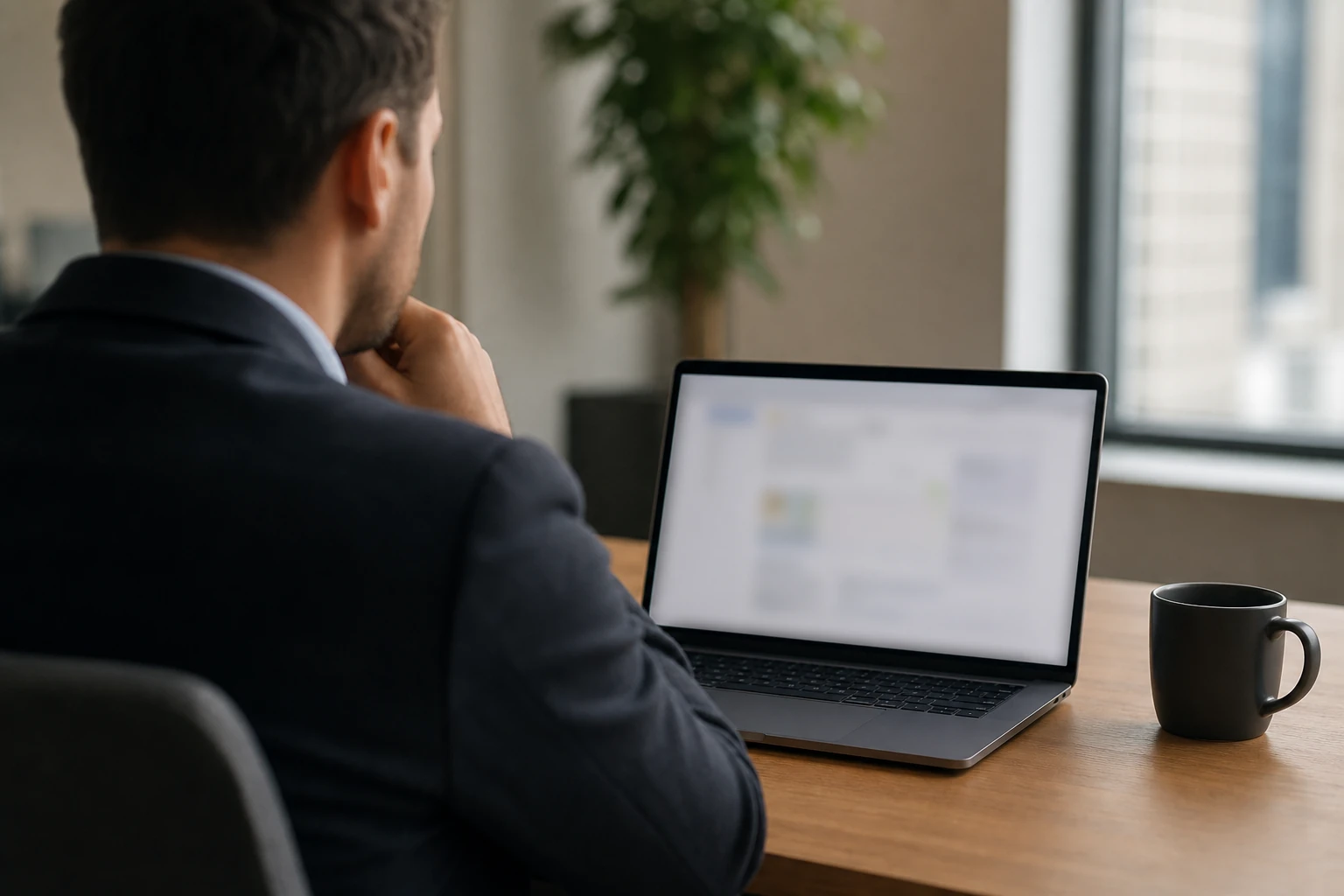 Personne consultant une page de résultats de recherche sur un ordinateur portable dans un bureau, texte volontairement flou