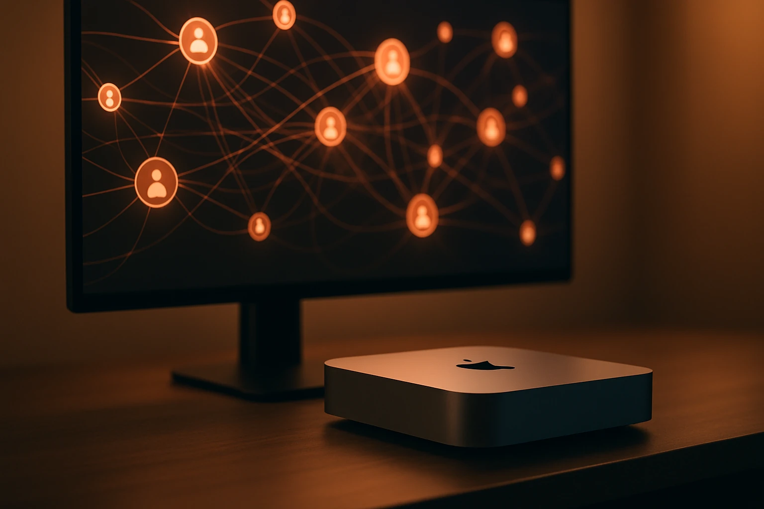 Mac computer with Perplexity AI interface glowing on screen, editorial style photo