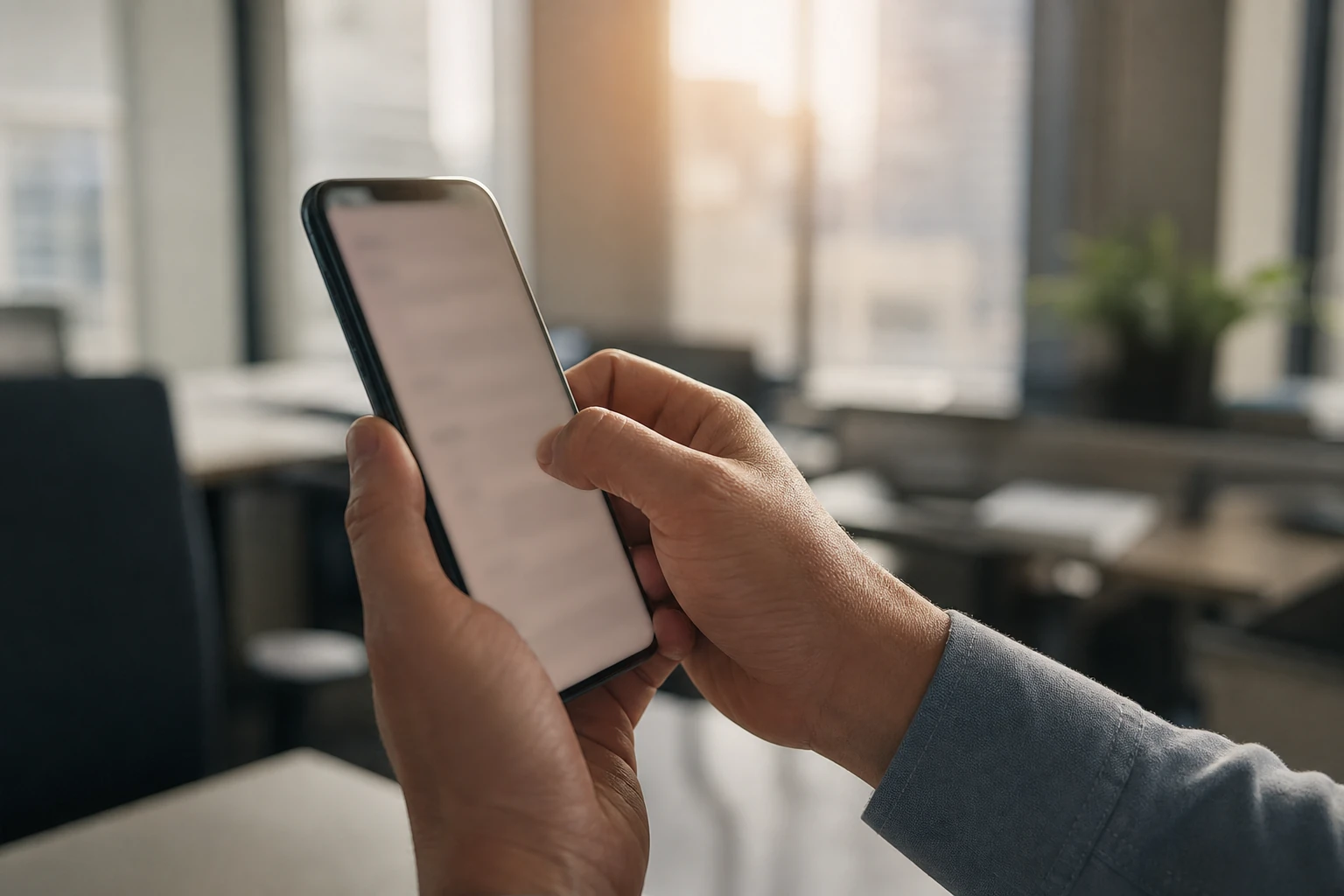 Mains tenant un smartphone dans un bureau, écran volontairement flou, illustration de la recherche conversationnelle sur mobile