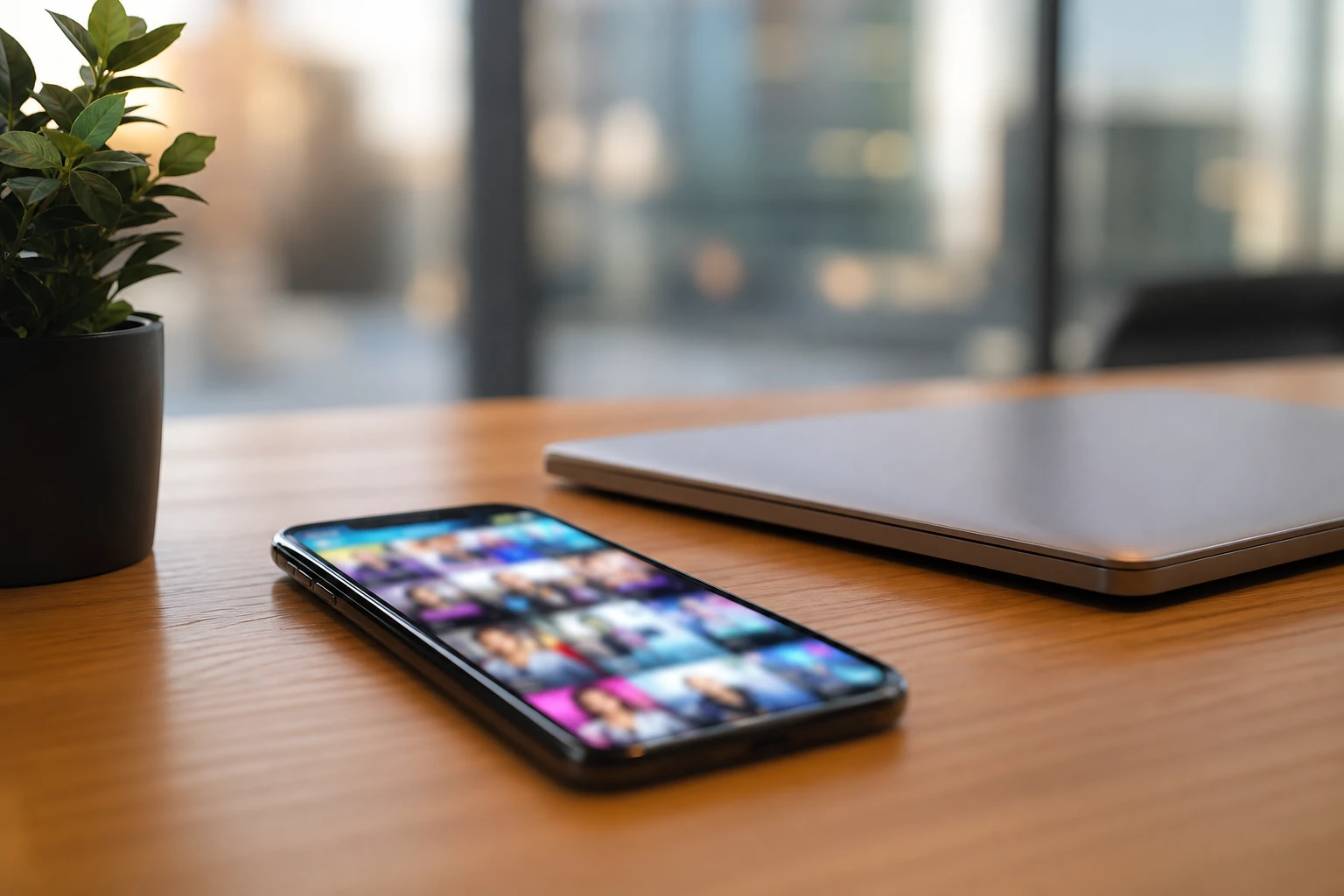 Un smartphone affichant une grille floutée de contenus sociaux et vidéos, illustrant le suivi des posts par Google Search Console en 2026