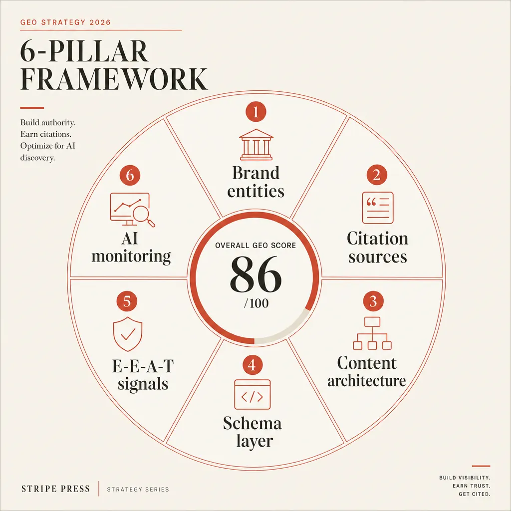 Infographie des 6 piliers d'une stratégie GEO 2026 : structure, E-E-A-T, schema, sémantique, autorité, fraîcheur