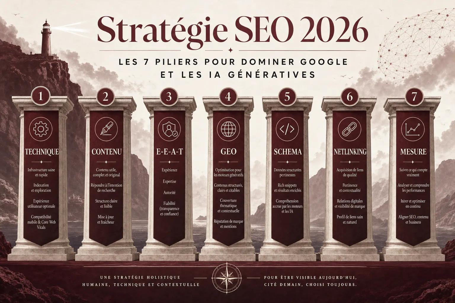 Les 7 piliers de la strategie SEO 2026 pour dominer Google et les IA generatives, numerotes de 1 a 7