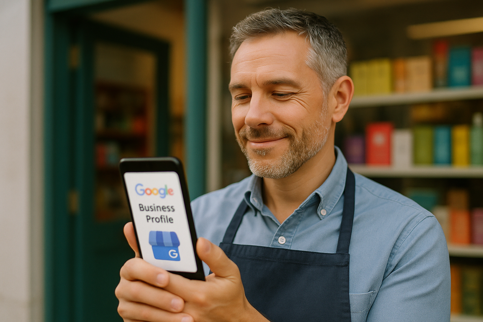 Commerçant gérant son Google Business Profile sur smartphone