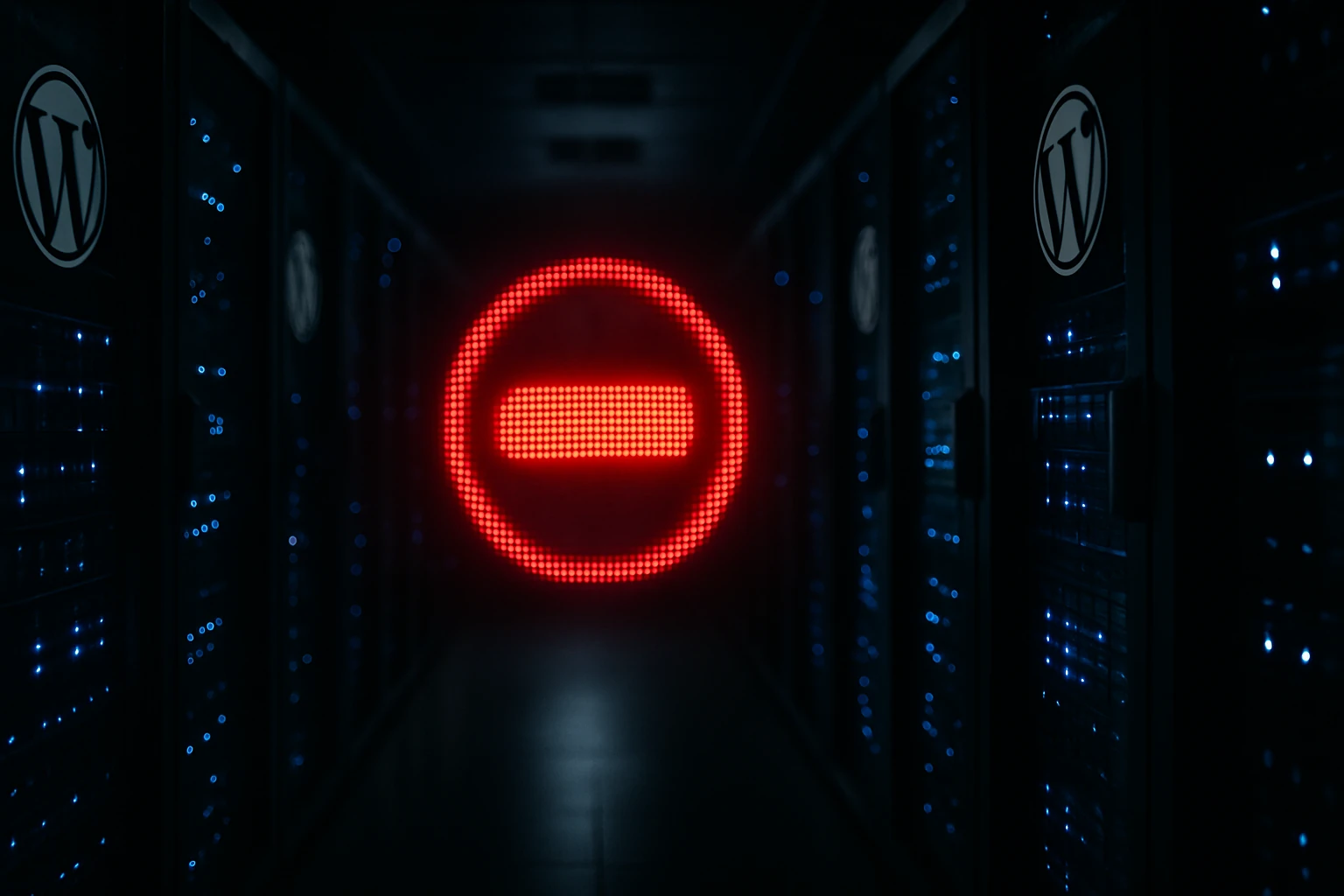 Serveurs WordPress bloquant les robots IA, illustration éditoriale Bloomberg style