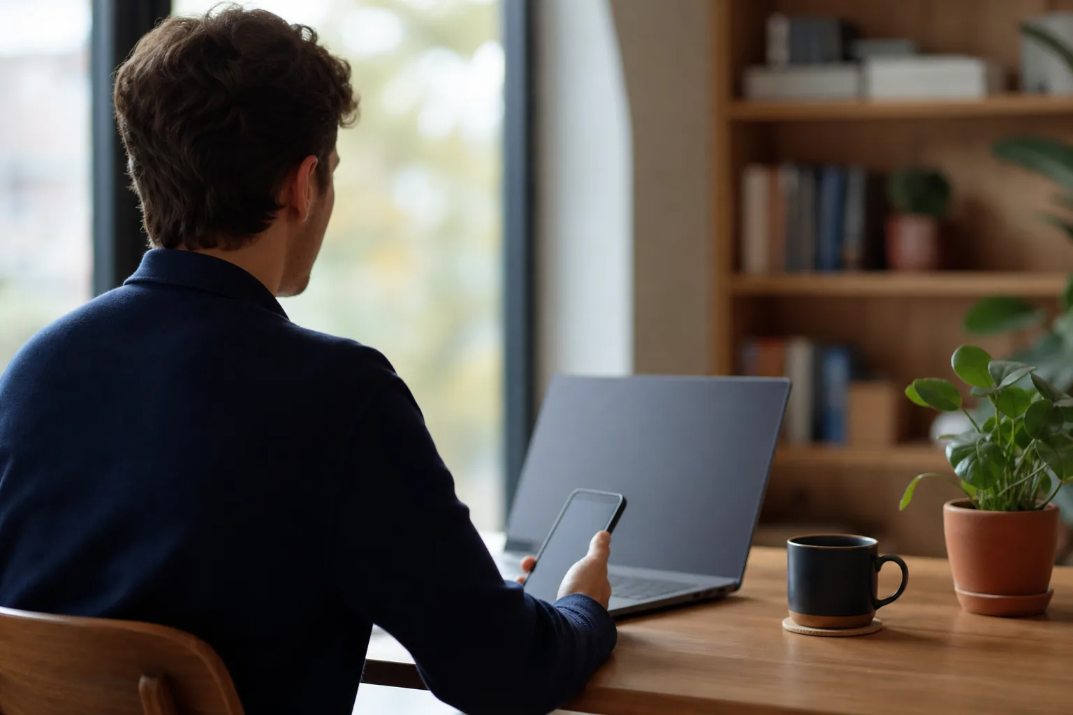 Une personne lit une réponse unique sur son téléphone et son ordinateur portable dans un bureau calme et lumineux