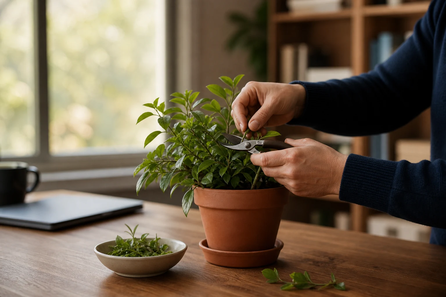 Des mains taillent un jeune plant vert avec un sécateur pour ne garder que les branches solides, métaphore de l'élagage de contenu d'un site