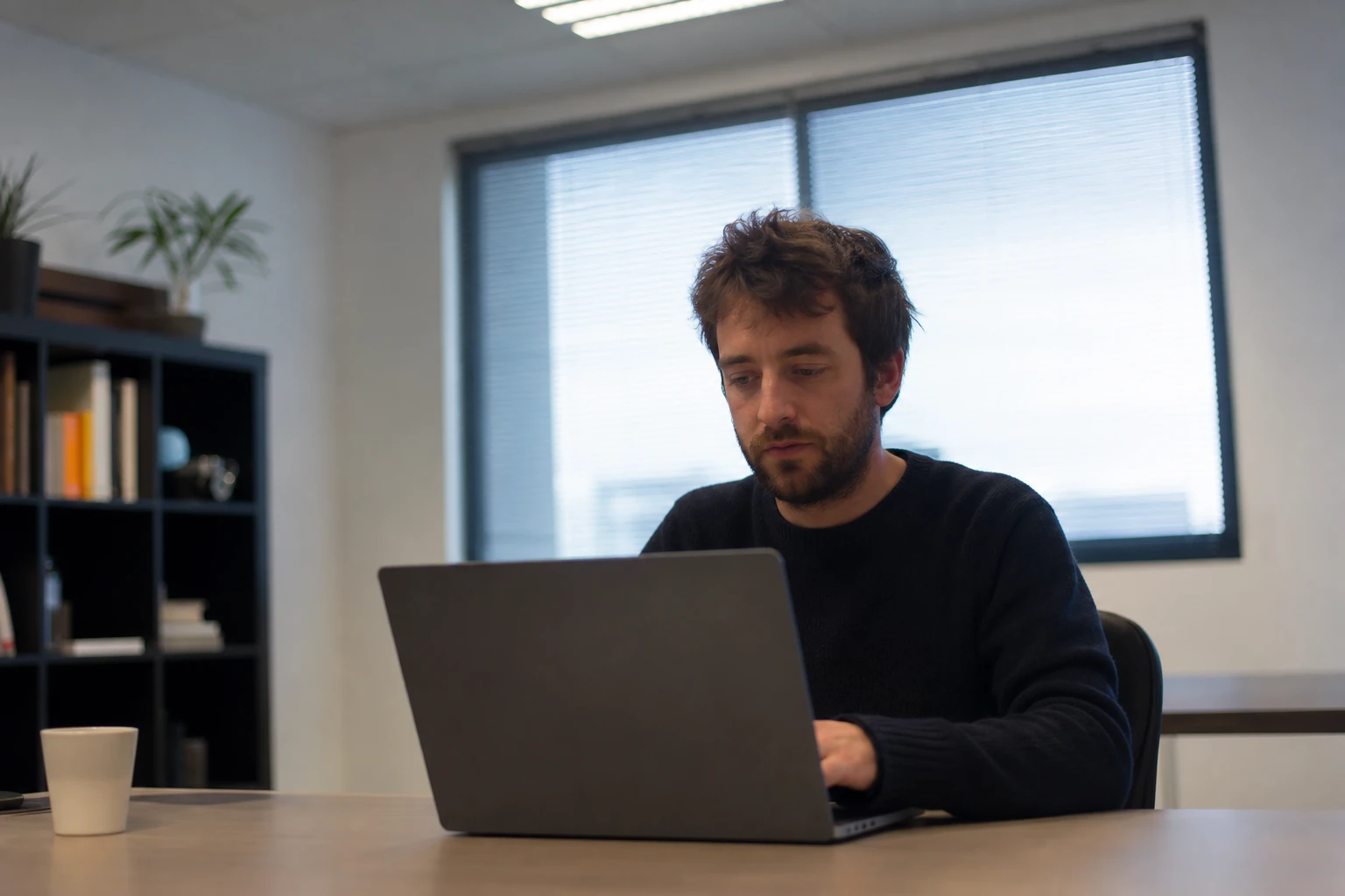 Développeur web assis à un bureau ordinaire, consultant un ordinateur portable dans un petit bureau, lumière d'après-midi