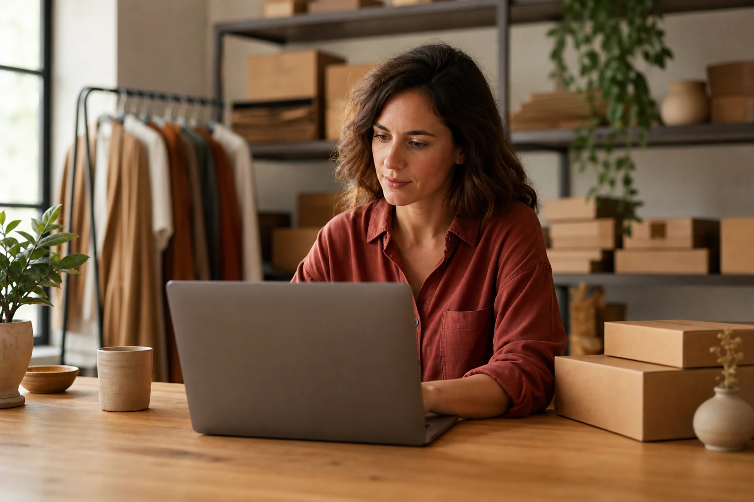 Responsable d'une boutique en ligne devant un ordinateur portable dans un atelier de préparation de commandes