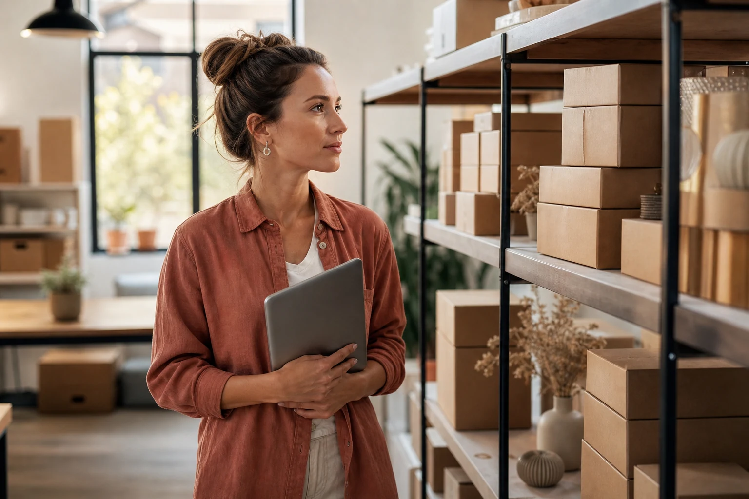 Responsable d'une boutique en ligne dans un atelier de préparation de commandes, réfléchissant devant ses produits rangés