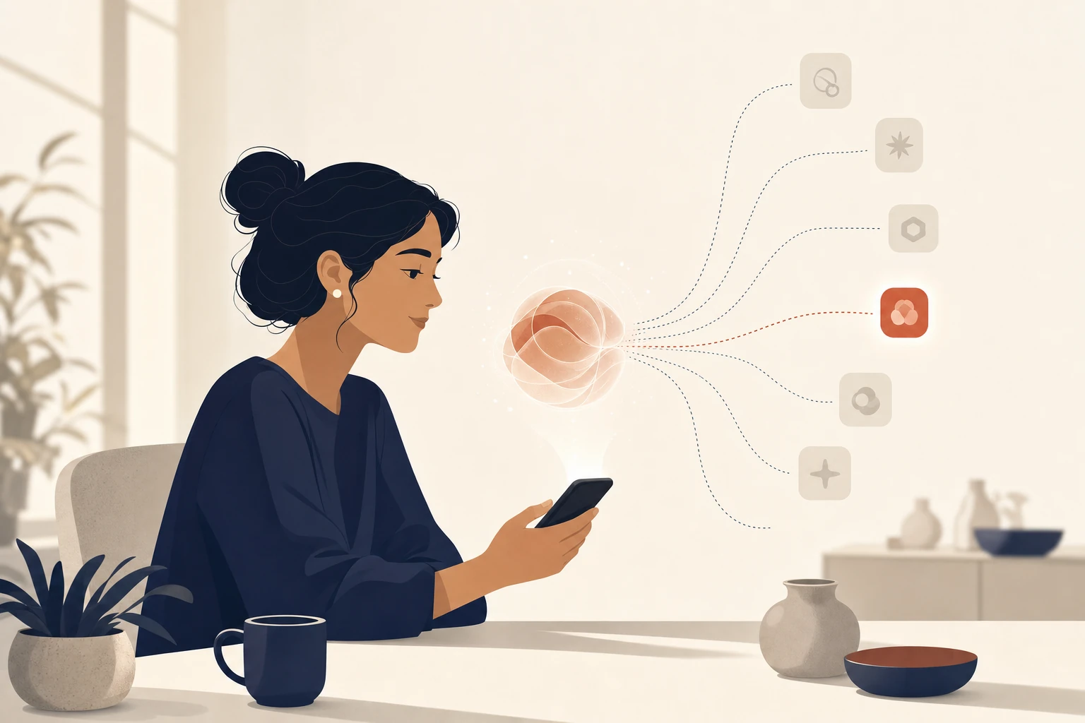 Personne posant une question à un assistant IA depuis son smartphone, une seule source citée mise en évidence