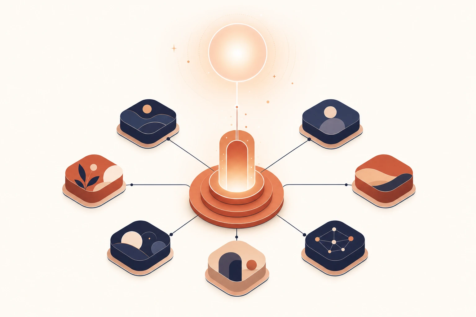 Illustration conceptuelle d'un ensemble de contenus reliés alimentant une réponse d'assistant IA