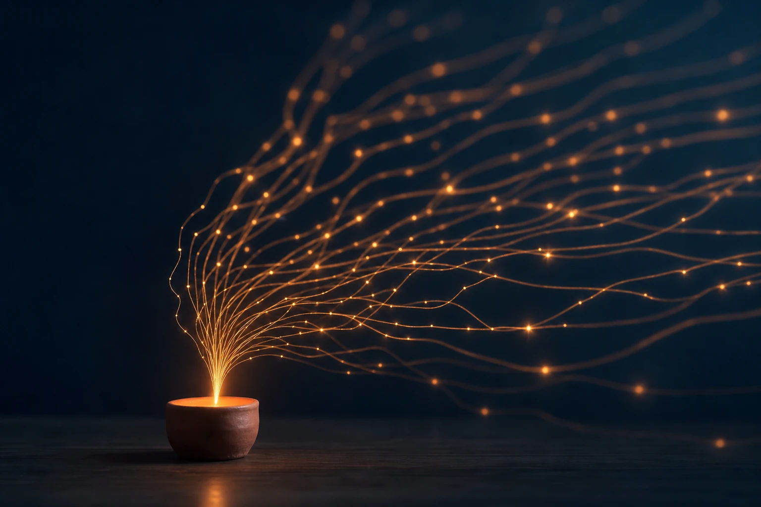 Un point de lumière unique se divise en de multiples branches lumineuses, image de la décomposition d'une question en plusieurs requêtes lancées en parallèle