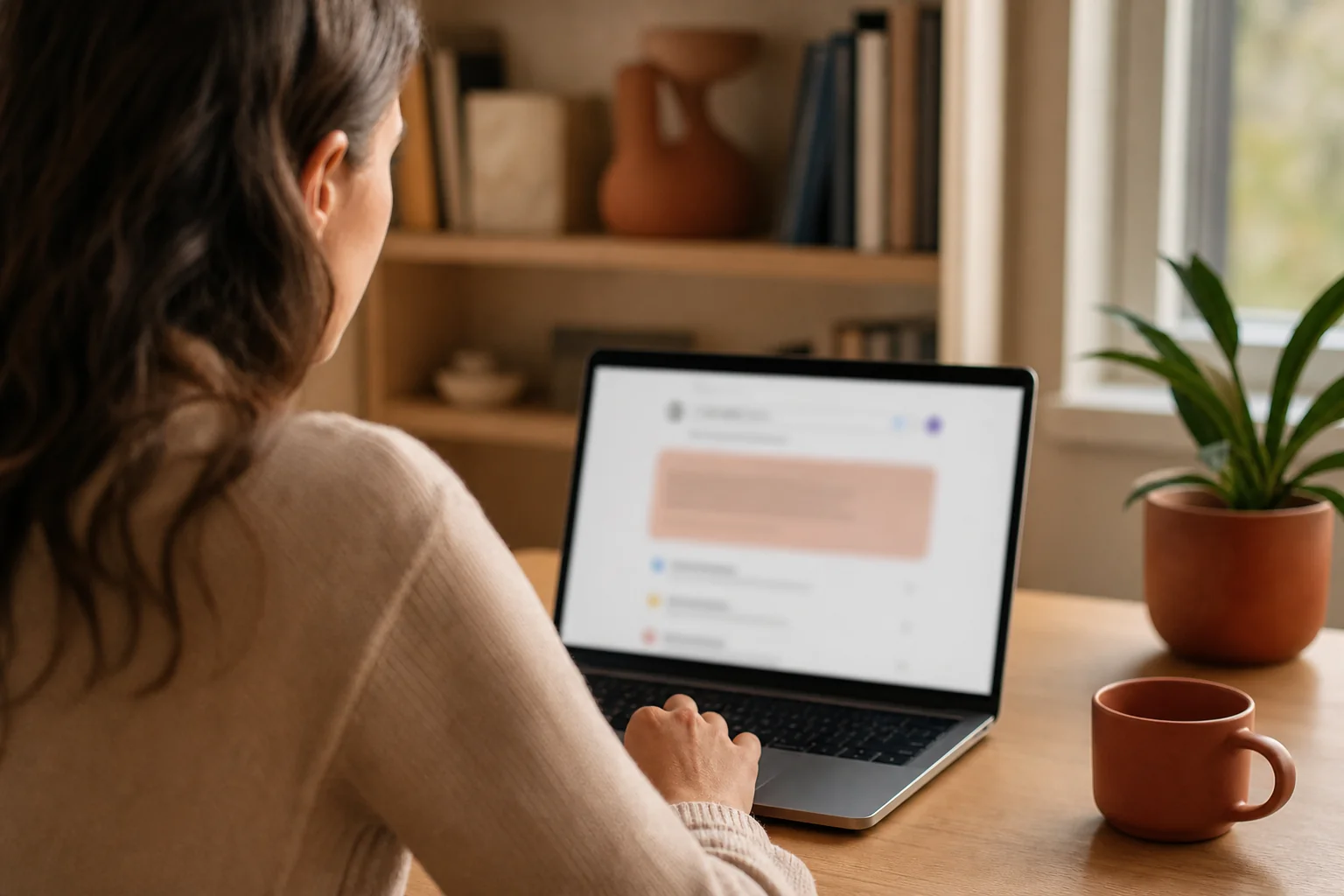 Personne consultant une réponse de synthèse sur un ordinateur portable, avec des liens sources mis en avant