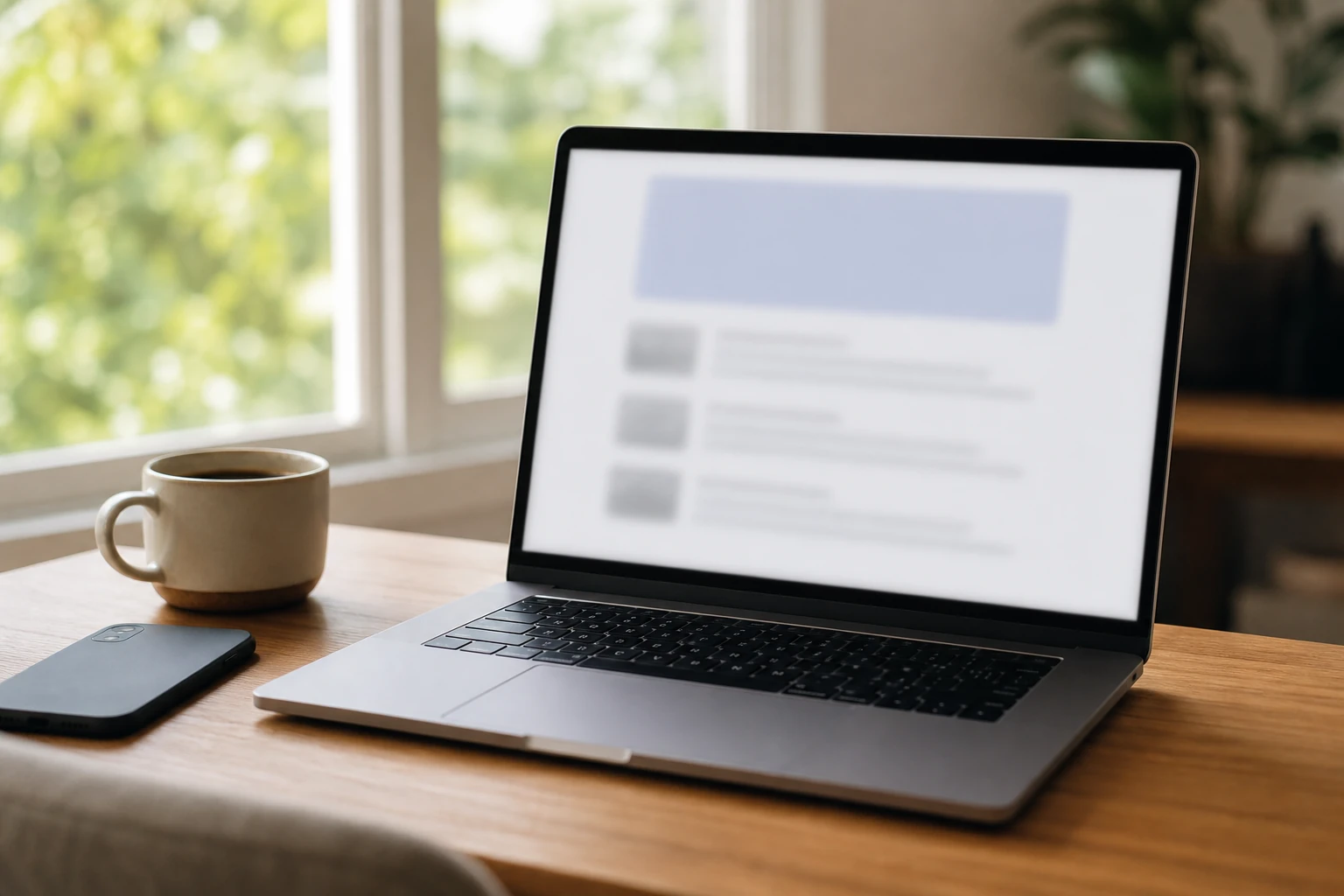 Écran d'ordinateur affichant une page de résultats de recherche avec un encadré de réponse en haut, posé sur un bureau clair