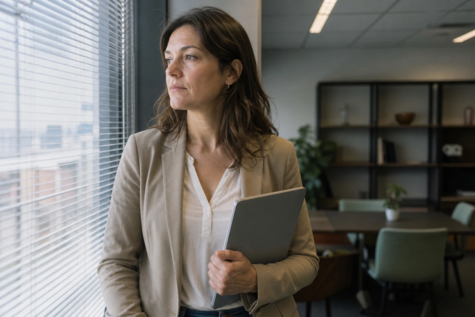 Analyste marketing dans un bureau lumineux, illustrant la mesure de la visibilité d'une marque dans les réponses des IA