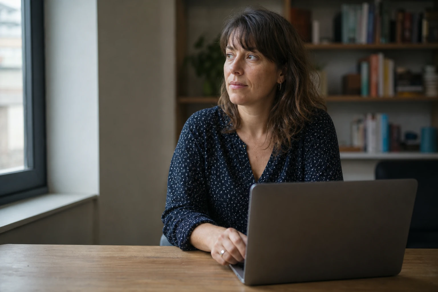 Une personne vérifie une information sur un ordinateur portable dans un bureau, image du contrôle des faits face aux hallucinations d'une IA