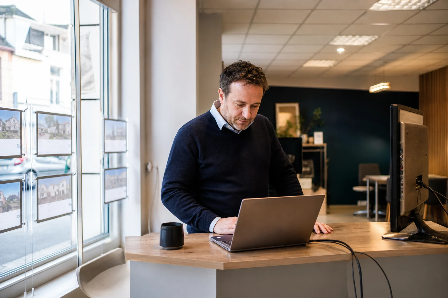 Conseiller d'une agence immobilière consultant un ordinateur portable dans une vitrine d'agence en ville