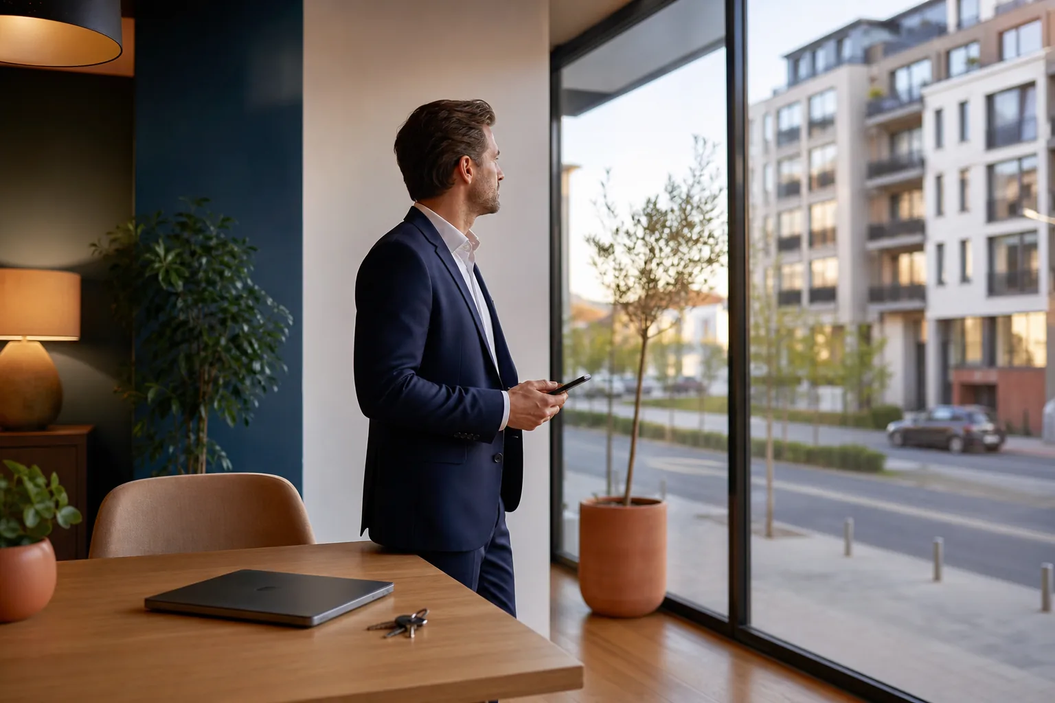 Conseiller immobilier consultant un ordinateur portable dans une agence lumineuse en centre-ville
