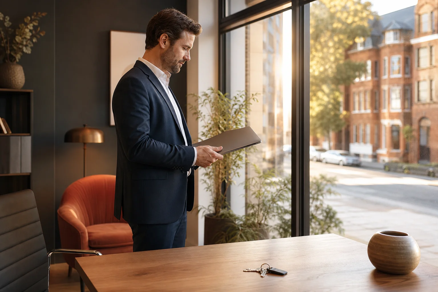 Conseiller d'une agence immobilière consultant un ordinateur portable dans une vitrine d'agence en ville