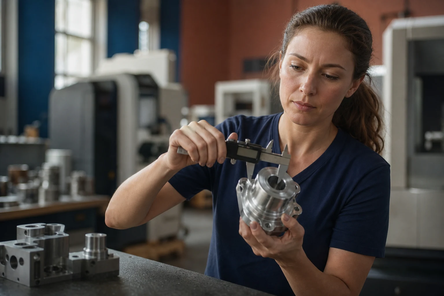 Technicienne contrôlant une pièce mécanique de précision dans un atelier industriel