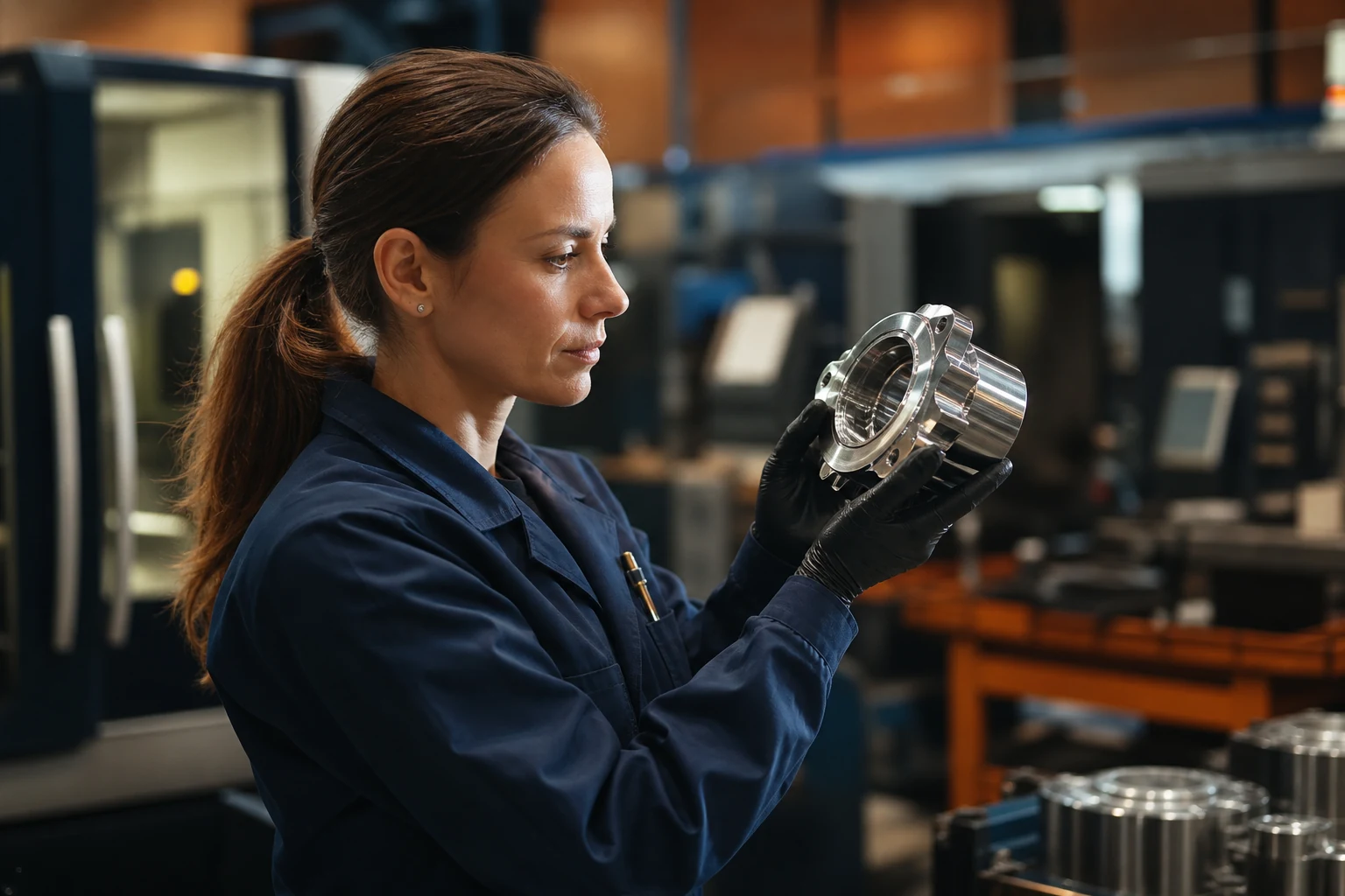 Ingénieure inspectant une pièce métallique usinée dans un atelier de production de précision