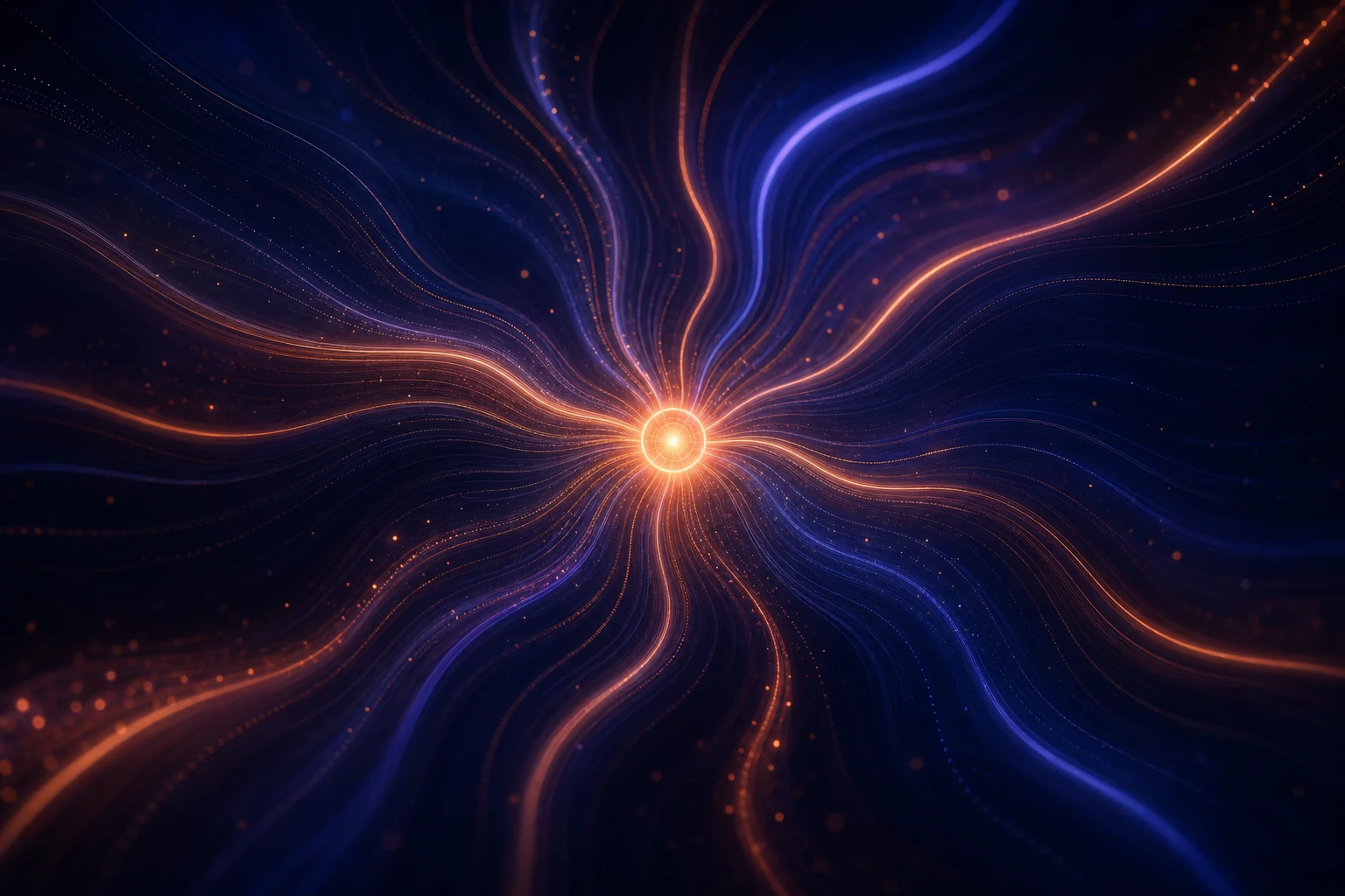 Illustration abstraite de l'intention de recherche telle que la lisent les moteurs de réponse IA : un flux de questions convergeant vers une réponse centrale lumineuse