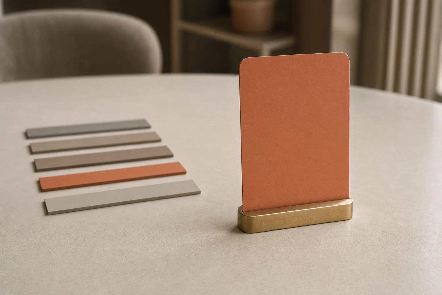 Une carte terracotta dressée sur un socle en laiton à côté d'une série de fines barres posées à plat sur un bureau clair