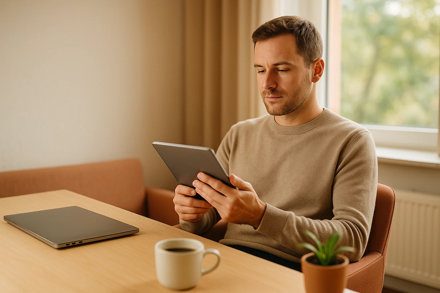 Personne lisant un résumé clair sur une tablette dans un bureau lumineux le matin