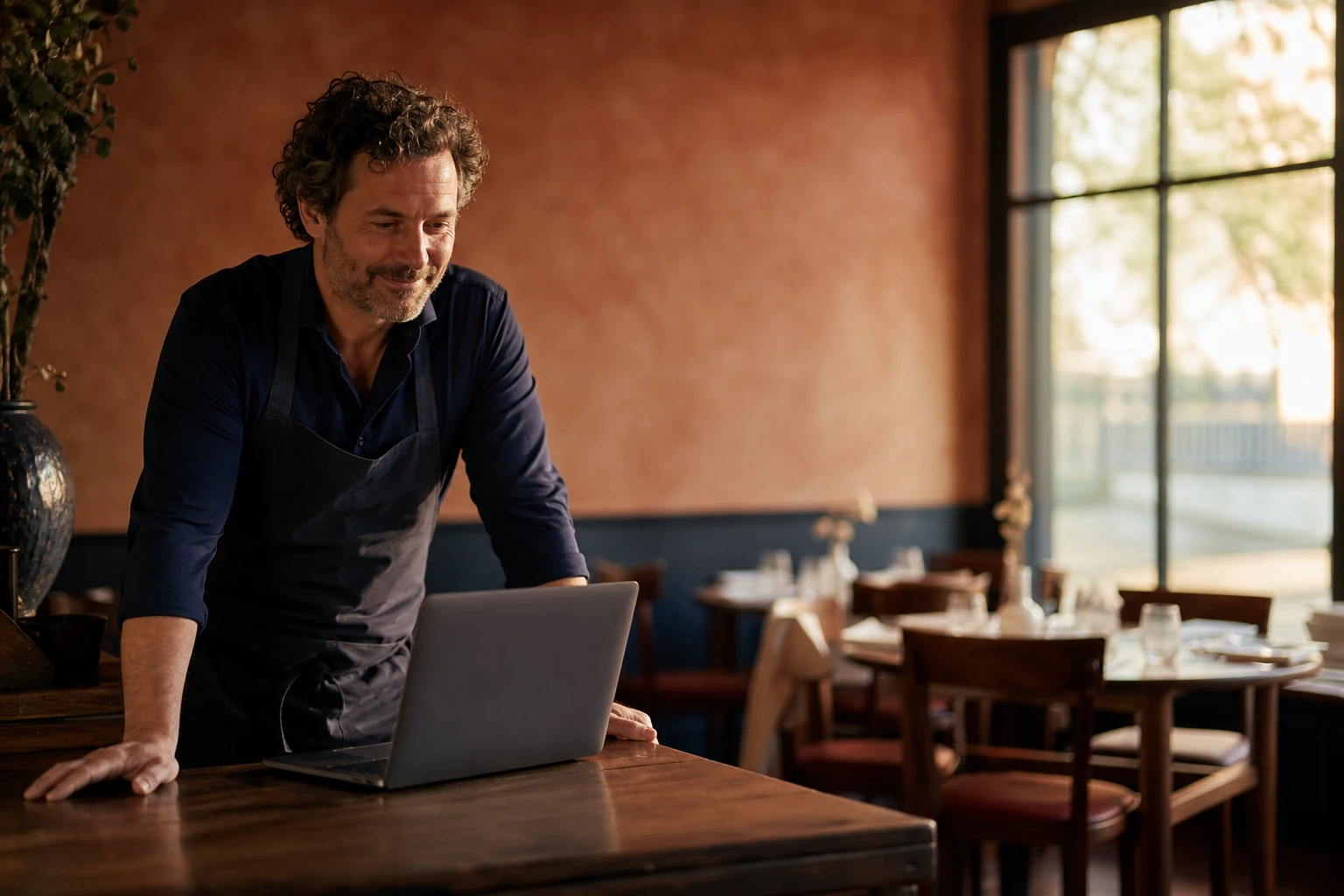 Restaurateur dans la salle de son restaurant français en fin de service, consultant un ordinateur portable sur le comptoir