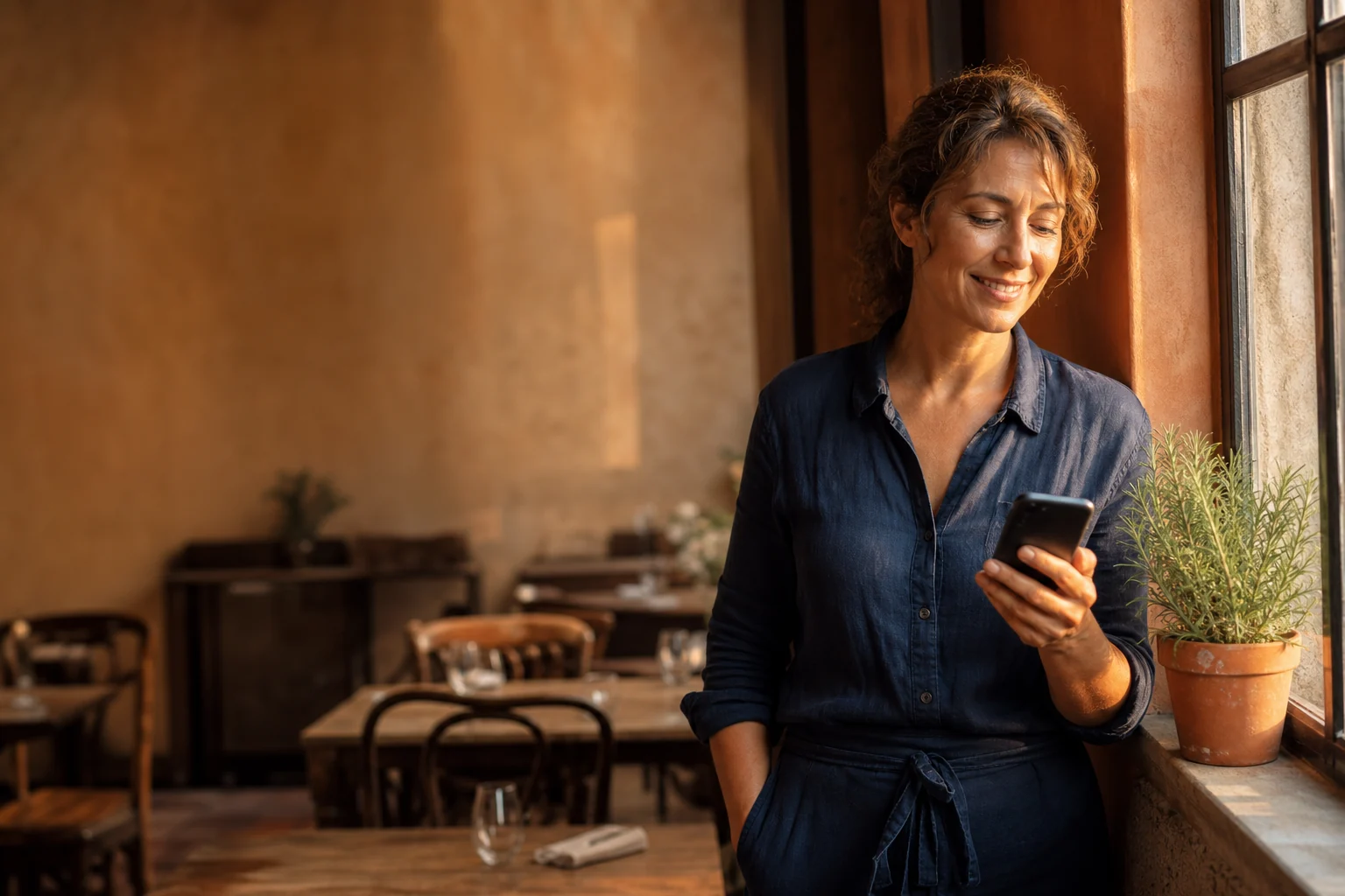 Restauratrice dans la salle de son bistrot français à la lumière du soir, consultant un smartphone près de la fenêtre
