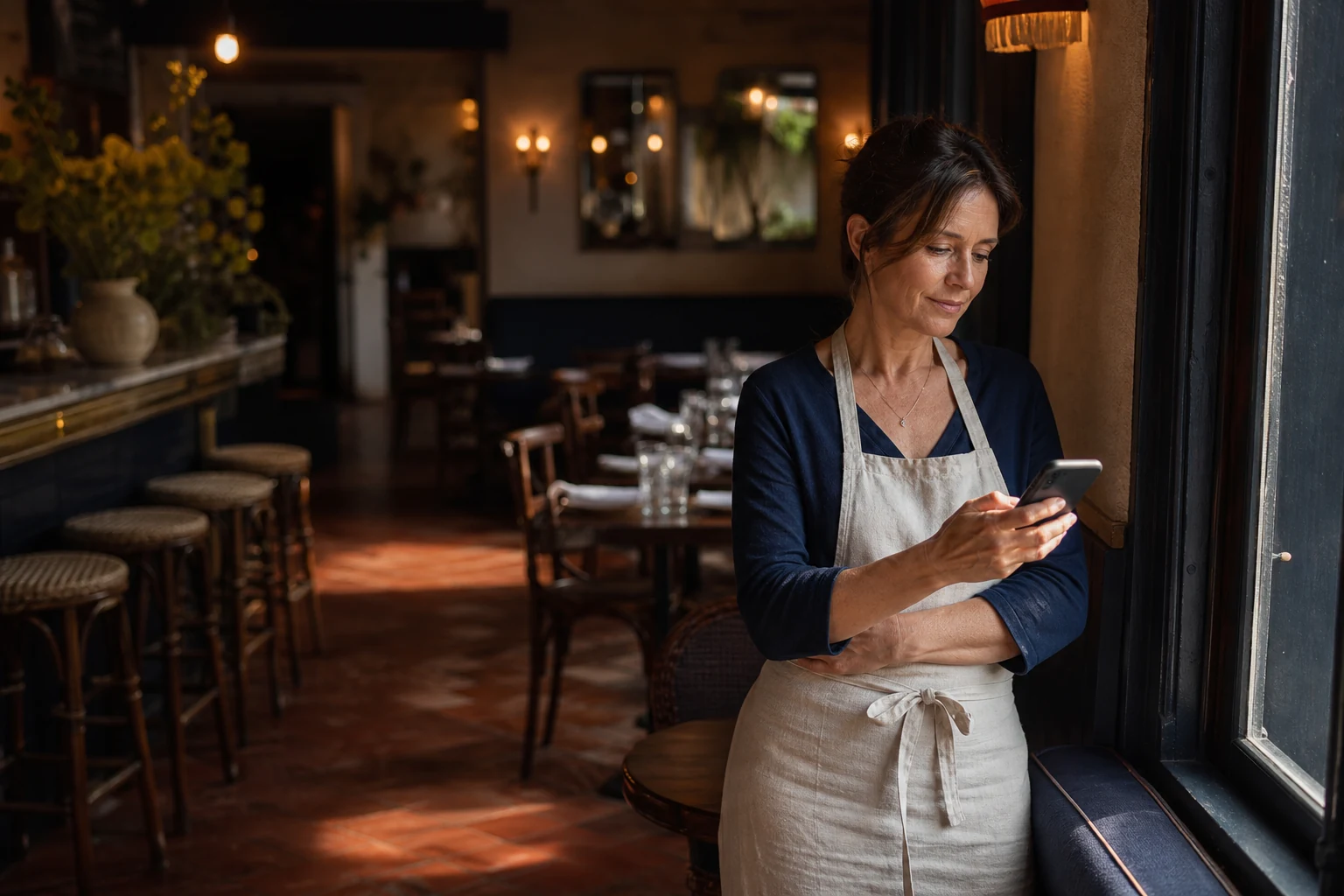 Restauratrice dans la salle de son bistrot en début de soirée, consultant un smartphone près d'une fenêtre