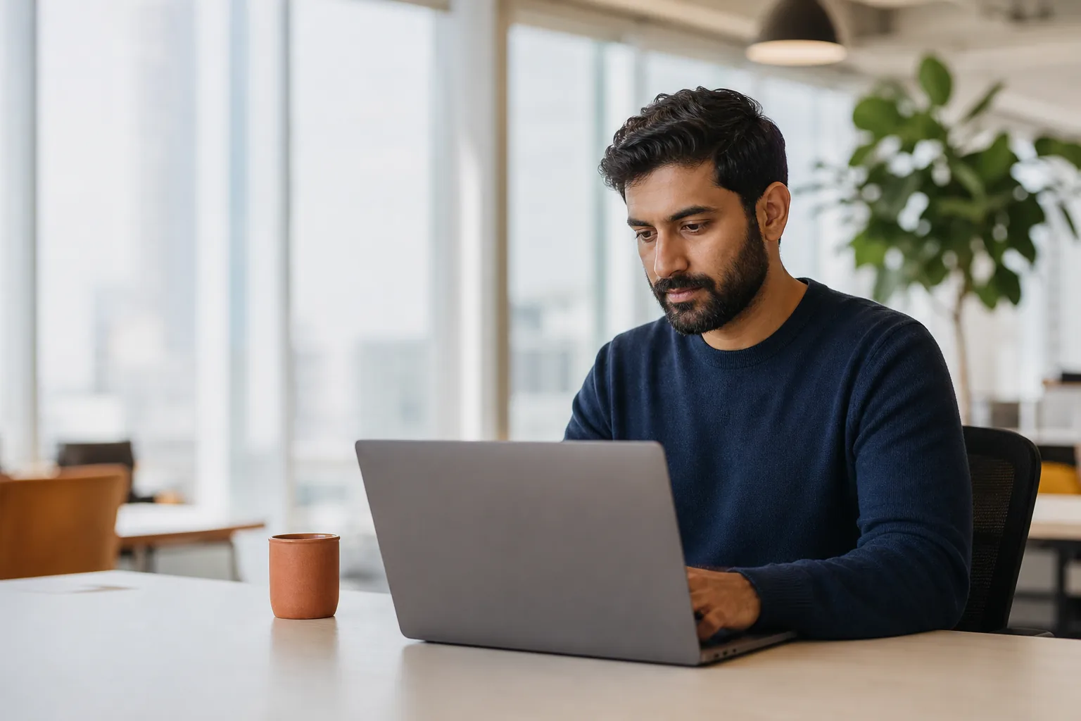 Fondateur d'un éditeur de logiciel travaillant sur un ordinateur portable dans un bureau lumineux