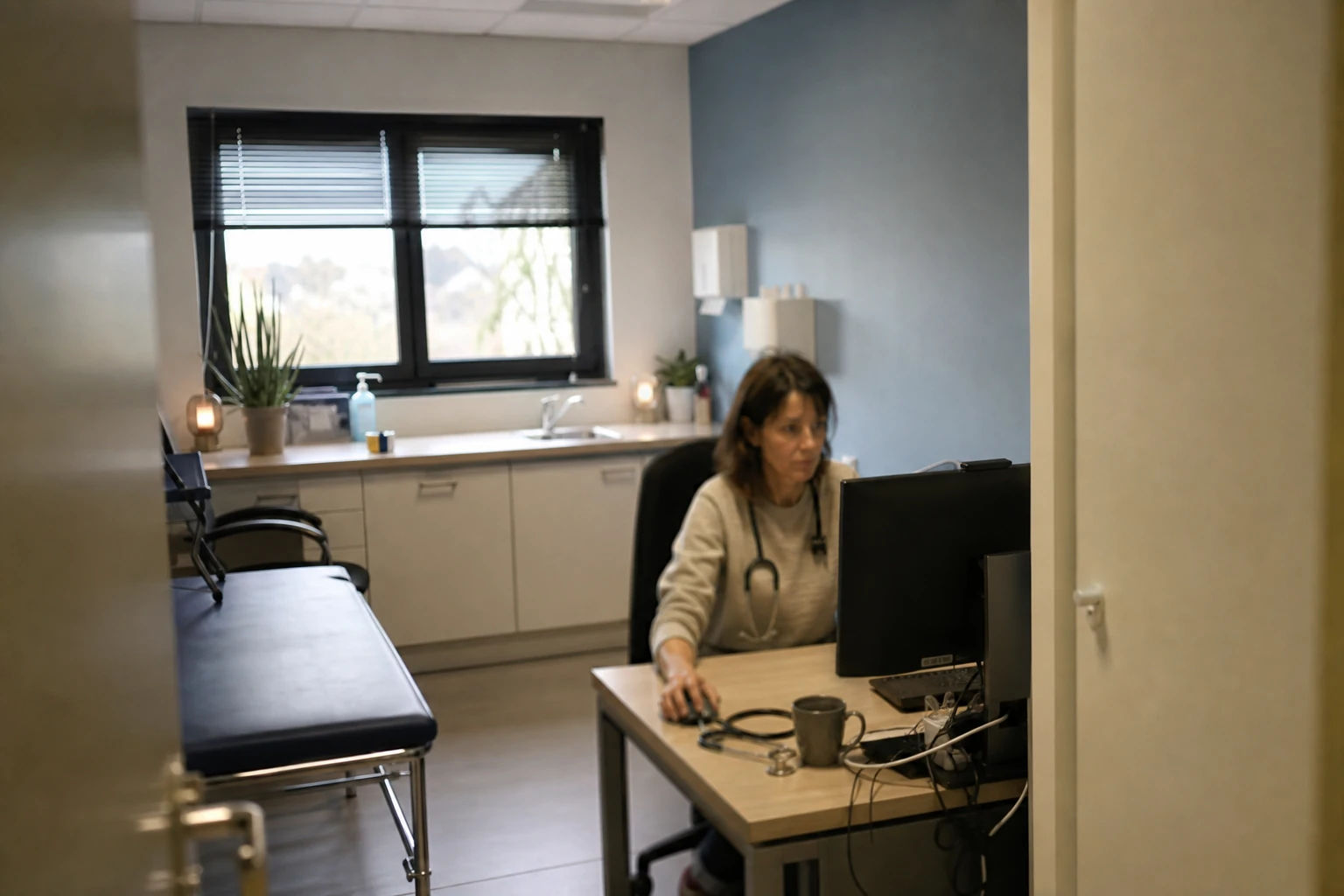 Médecin généraliste dans un cabinet médical français, consultant un ordinateur en fin de journée
