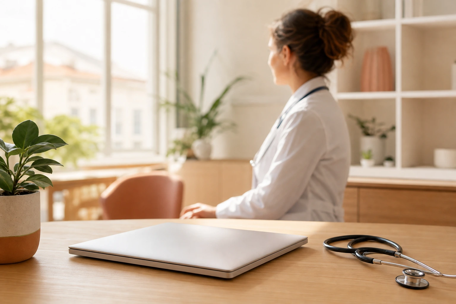 Cabinet médical français lumineux et calme, ordinateur portable fermé posé sur un bureau clair près d'une fenêtre, ambiance de santé rassurante