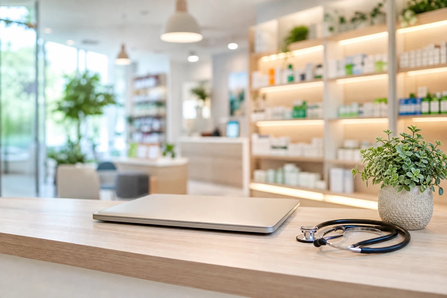 Officine et cabinet de santé lumineux, ordinateur portable fermé posé sur un comptoir clair, stéthoscope à côté
