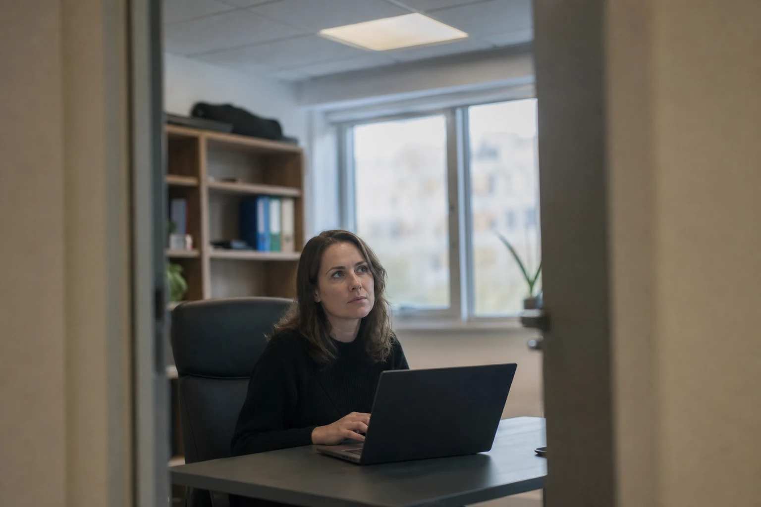 Consultant SEO au travail sur un ordinateur portable dans un bureau, illustrant le suivi de la volatilité des positions dans les résultats de recherche