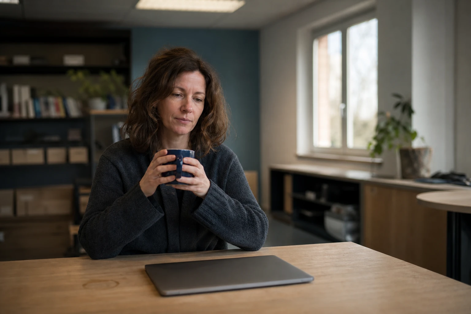 Dirigeante d'une petite entreprise, café en main, réfléchissant devant un ordinateur portable fermé dans un bureau modeste