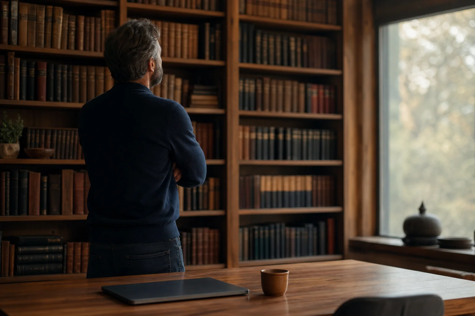 Expert debout devant une grande bibliothèque pleine de livres, image de la connaissance accumulée sur un seul sujet