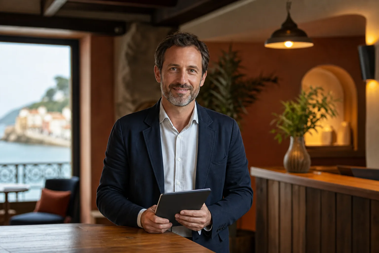 Propriétaire d'un hôtel indépendant à la réception d'un établissement de tourisme, tablette à la main