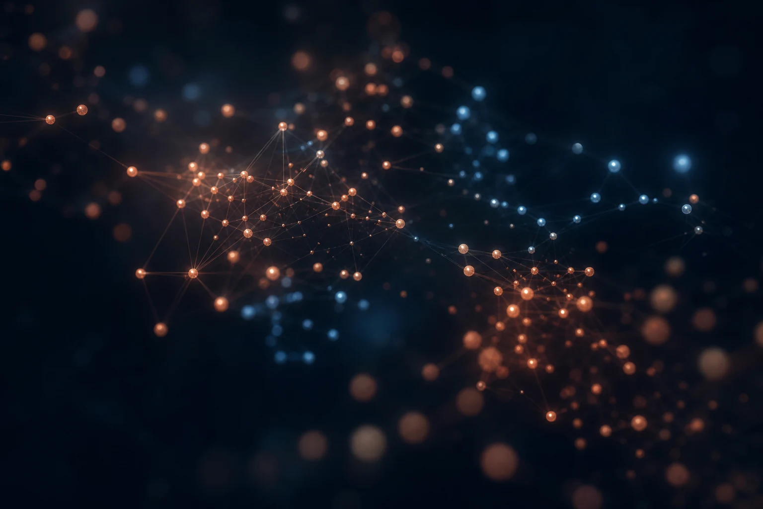 Représentation abstraite de points liés par proximité, illustrant des embeddings vectoriels où le sens proche rapproche les contenus