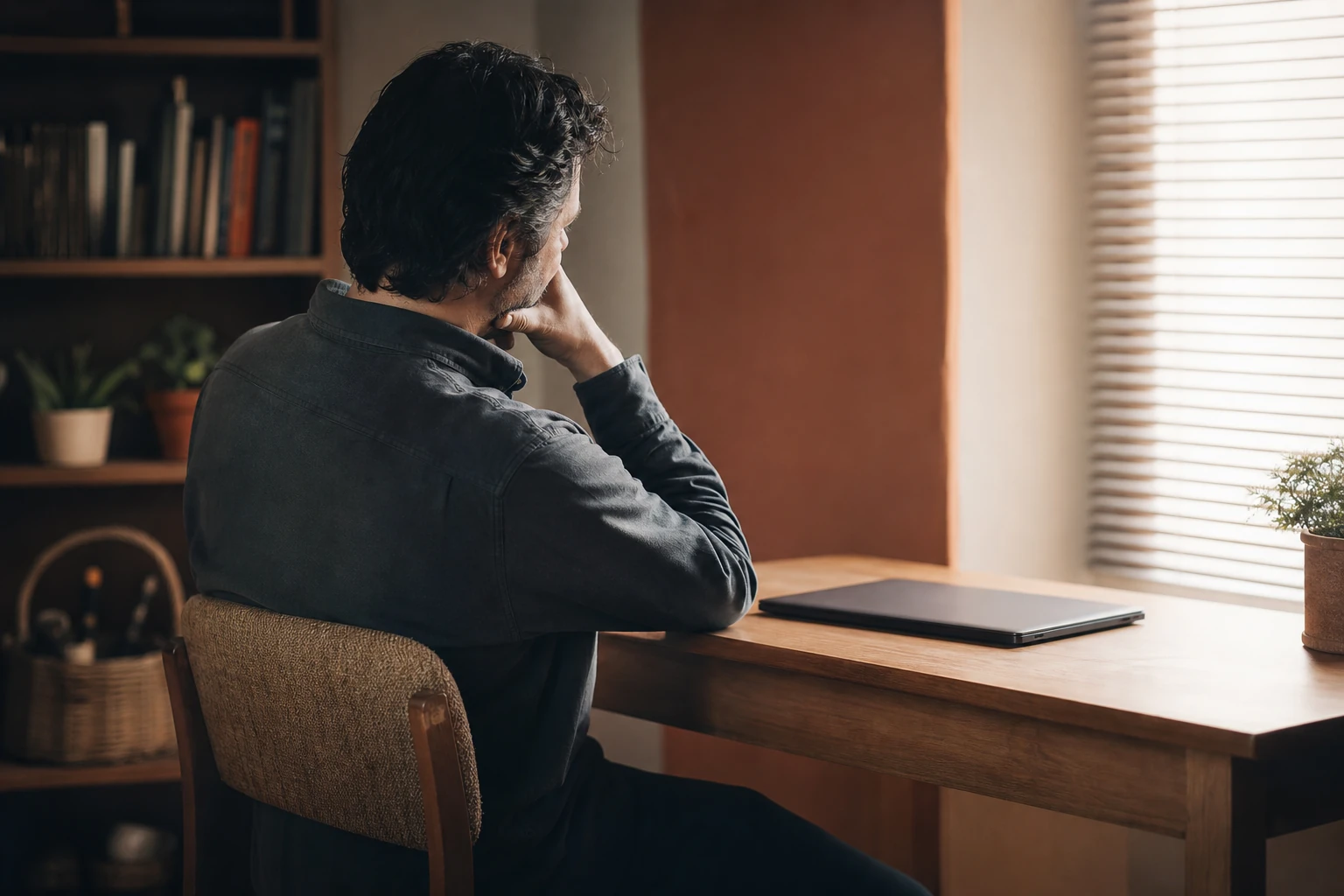 Une personne assise devant un ordinateur portable fermé dans un bureau calme, après une recherche terminée sans clic