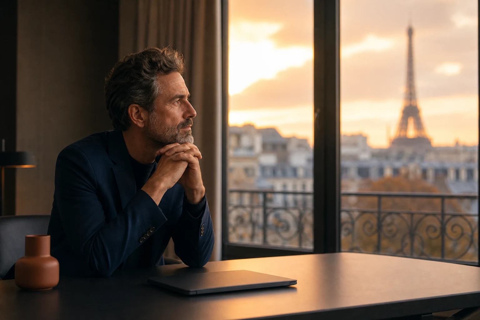 Dirigeant pesant le choix entre une agence GEO et une agence SEO, deux chemins de lumière dans un bureau parisien au crépuscule