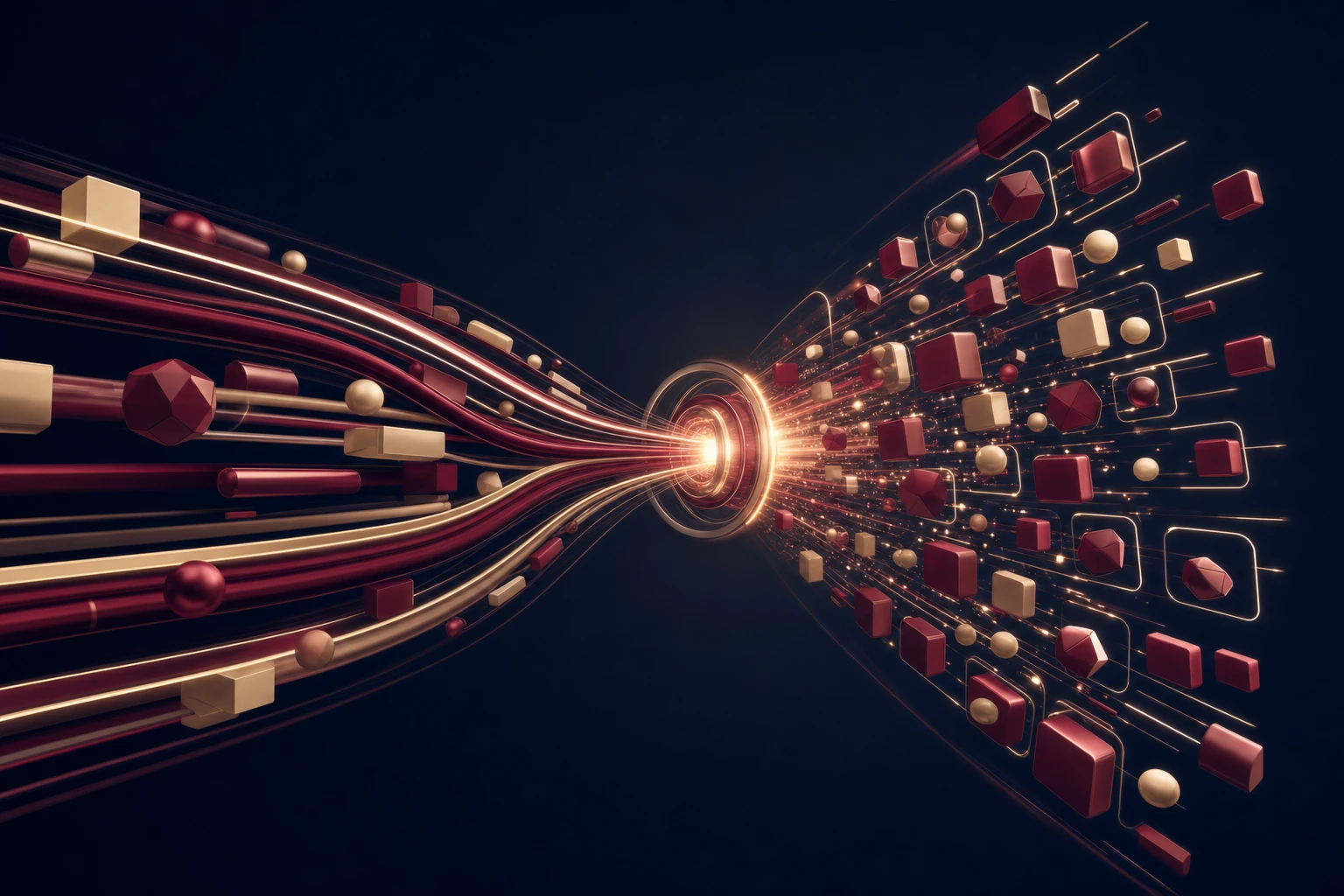 Représentation abstraite d'une chaîne de production de contenu SEO accélérée par l'intelligence artificielle