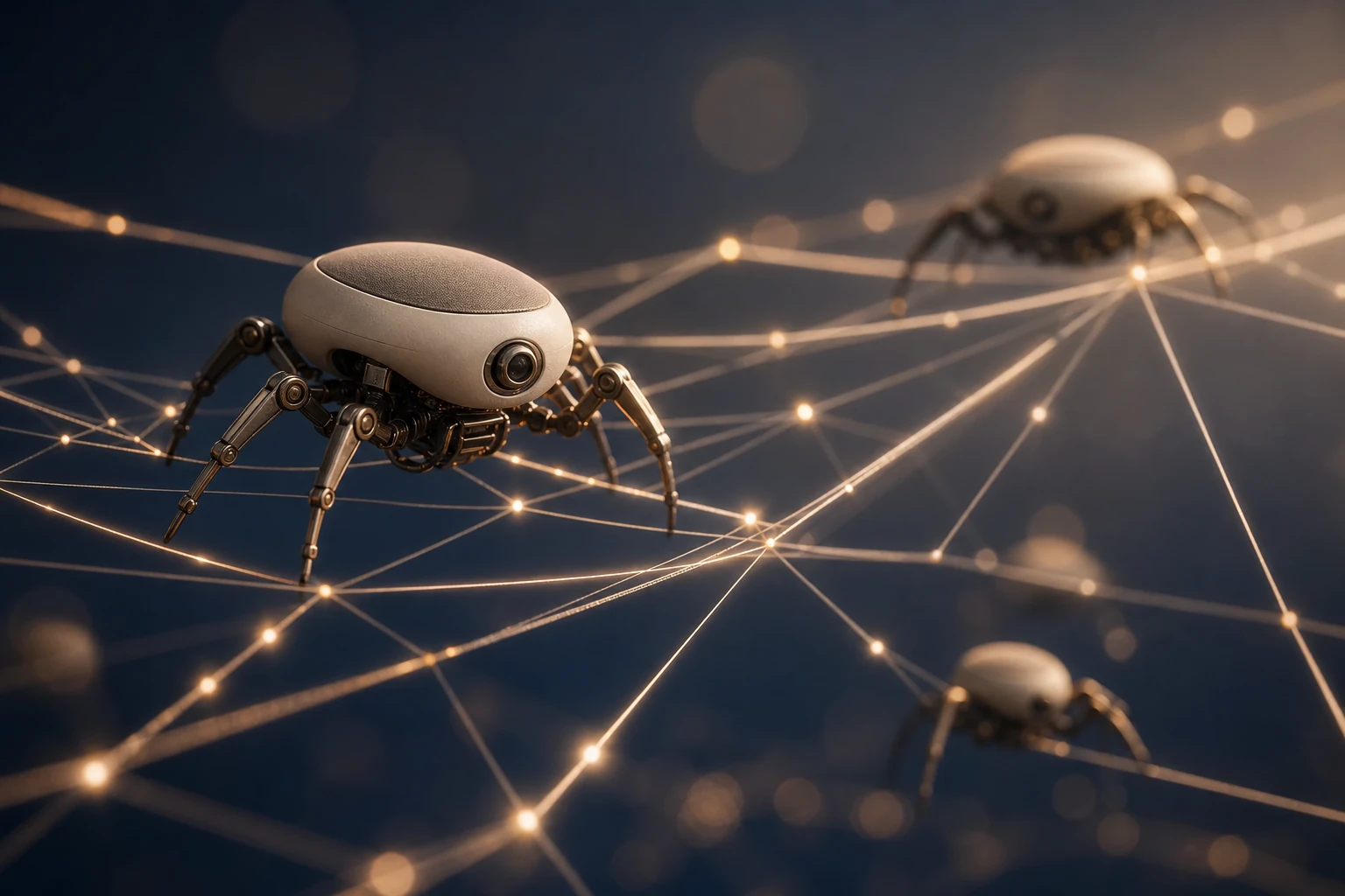 Représentation d'un robot d'exploration d'intelligence artificielle parcourant des pages web, illustration d'un AI crawler