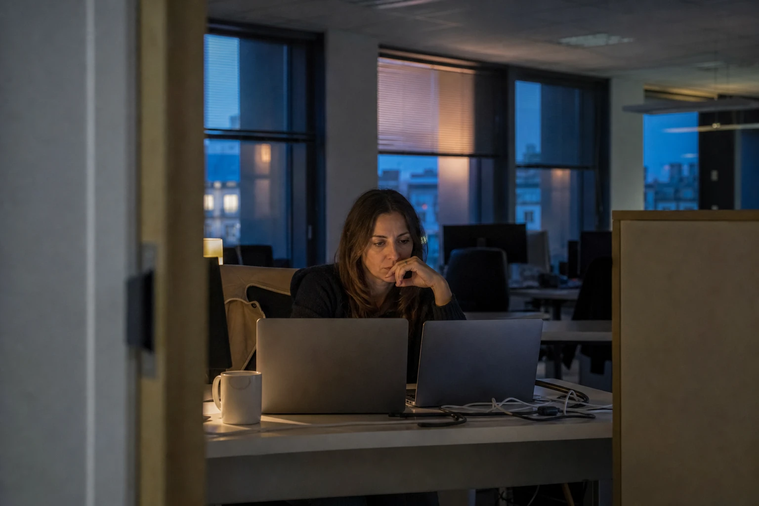Responsable marketing comparant ChatGPT et Perplexity sur deux ordinateurs portables dans un bureau parisien au crépuscule
